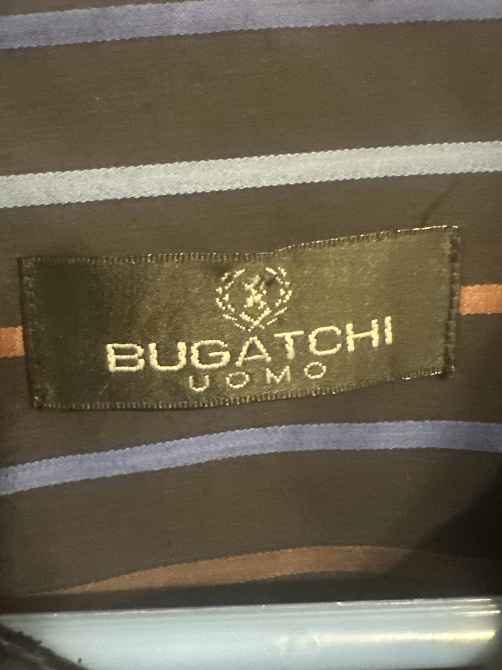 Bugatchi Uomo Brown Shirt with Blue and Tan Stripes